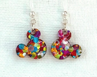 Pendientes pequeños de Mickey: puntos de arcoíris llamativos con purpurina holográfica