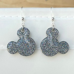 Mickey Head Earrings - Sliver Holographic Glitter - Mickey Glitter Earrings - Disney Earrings - Mickey Dangle Earrings