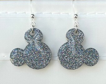 Mickey Head Earrings - Sliver Holographic Glitter - Mickey Glitter Earrings - Disney Earrings - Mickey Dangle Earrings