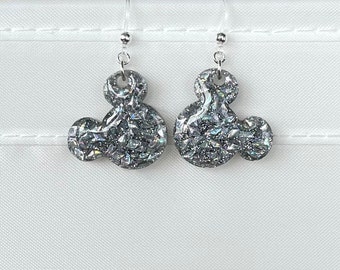 Mickey Head Earrings - Sliver Holographic Glitter - Mickey Glitter Earrings - Disney Earrings - Mickey Dangle Earrings