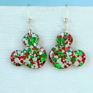 Mickey Dangle Earrings: Red Green White Holiday Dot Glitter