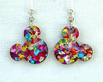 Pendientes de Mickey: Puntos de arcoíris llamativos con purpurina holográfica, tamaño grande