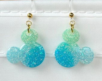 Mickey Head Earrings - Green Blue Iridescent Glitter - Mickey Glitter Earrings - Disney Earrings - Mickey Dangle Earrings