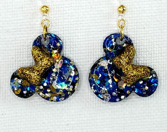 Handmade Minnie Mouse Earrings – Blue, Gold, and Silver Glitter