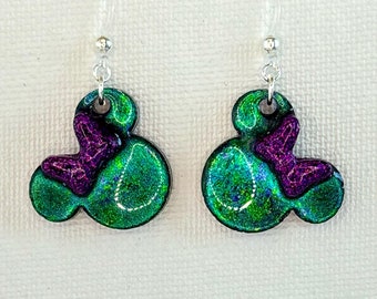Minnie Mouse Dangle Earrings – Color-Shift Green Purple, Purple Glitter Bow