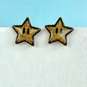 Super Mario Star Stud Earrings: Gold Glitter Resin, Nintendo Inspired