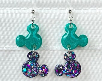 Mickey Dangle Earrings: Sea Green & Purple Glitter Resin