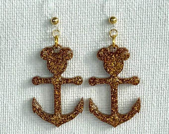 Mickey Anchor Dangle Earrings - Gold Holographic Glitter