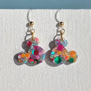 Small Mickey Earrings: Multicolor Iridescent Dots Glitter Resin Dangles