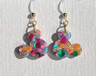 Small Mickey Earrings: Multicolor Iridescent Dots Glitter Resin Dangles