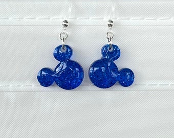 Mickey Earrings - Blue Glitter Resin Mickey Mouse Earrings - Disney Earrings - Mickey Head Earrings - Glitter Earrings