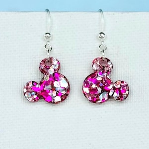 Small Mickey Earrings: Pink Silver Glitter