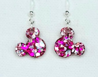 Brincos pequenos do Mickey: Glitter rosa e prateado