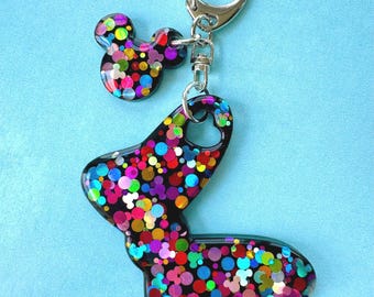 Minnie Mouse Bow Bag Charm - Bold Rainbow Dots Glitter Resin Keychain