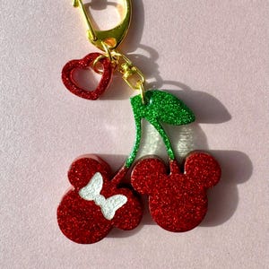 Mickey Cherry Keychain: Red Green Holographic Glitter Resin Bag Charm