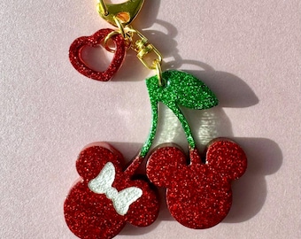 Mickey Cherry Keychain: Red Green Holographic Glitter Resin Bag Charm