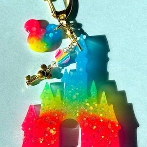 Castle Keychain - Neon Glow in the Dark Glitter - Castle Bag Charm - Disney gift - Disney keychain