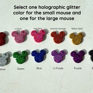 K&ouml;nnte beinhalten: Eine Auswahl von 12 holographischen Glitzer-Mausformen in verschiedenen Farben, darunter Rot, Pink, Orange, Gelb, Silber, Gr&uuml;n, Blau, Lila und Schwarz. W&auml;hlen Sie eine Farbe f&uuml;r die kleine Maus und eine f&uuml;r die gro&szlig;e Maus.