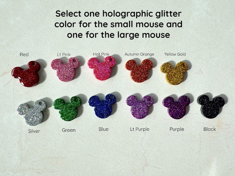 K&ouml;nnte beinhalten: Eine Auswahl von 12 holographischen Glitzer-Mausformen in verschiedenen Farben, darunter Rot, Pink, Orange, Gelb, Silber, Gr&uuml;n, Blau, Lila und Schwarz. W&auml;hlen Sie eine Farbe f&uuml;r die kleine Maus und eine f&uuml;r die gro&szlig;e Maus.