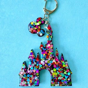 Castle Keychain - Bold Rainbow Dot Holographic Glitter - Castle Bag Charm - Disney gift - Disney keychain