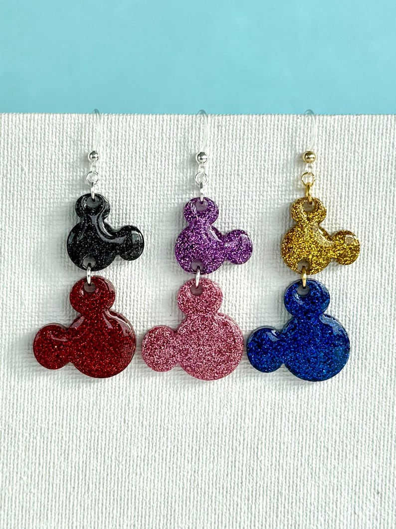 custom color duo mickey head earrings - pick your own holographic glitter combo of small and large resin Mickey Mouse heads from a rainbow of colors