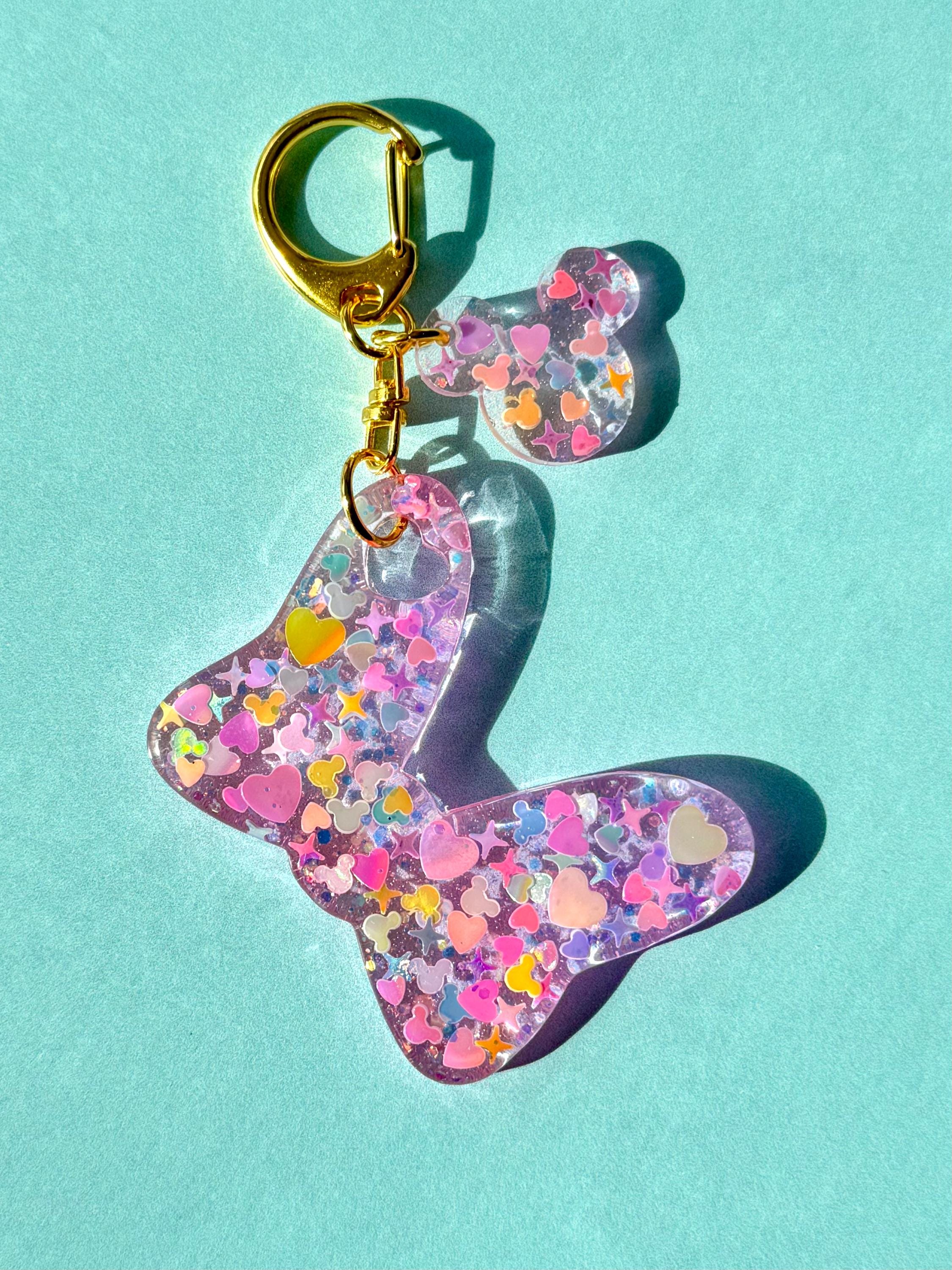 Minnie Mouse Bow Bag Charm - Pink Iridescent Glitter Resin Keychain