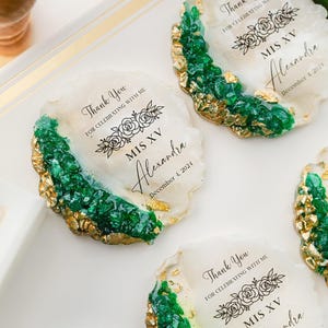 Quinceanera Favors for Guests, Sweet 15 & Sweet 16 Birthday Party Favors, Personalized Rose Magnet Keepsake, Emerald Green Custom Favor