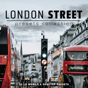 May include: A collection of 32 Lightroom presets for mobile and desktop, inspired by the streets of London. The image shows two red double-decker buses in a city street with a traffic light in the foreground. The text "LONDON STREET presets collection" is displayed at the top of the image.