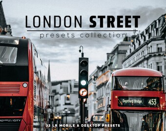 May include: A collection of 32 Lightroom presets for mobile and desktop, inspired by the streets of London. The image shows two red double-decker buses in a city street with a traffic light in the foreground. The text "LONDON STREET presets collection" is displayed at the top of the image.