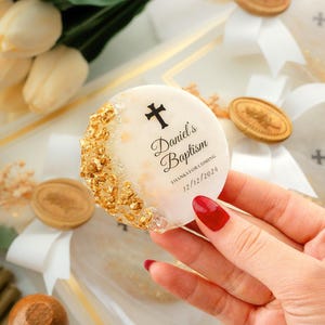 Custom resin magnet keepsake featuring golden baptism design