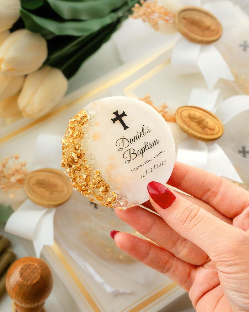 Custom resin magnet keepsake featuring golden baptism design