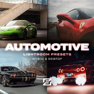 Puede incluir: Una colección de ajustes preestablecidos de Lightroom para editar fotos de automóviles. Los ajustes preestablecidos están diseñados para uso móvil y de escritorio. La imagen muestra cuatro coches diferentes: un Porsche verde, un Ferrari rojo, un Dodge Challenger negro y un Nissan GT-R rojo.