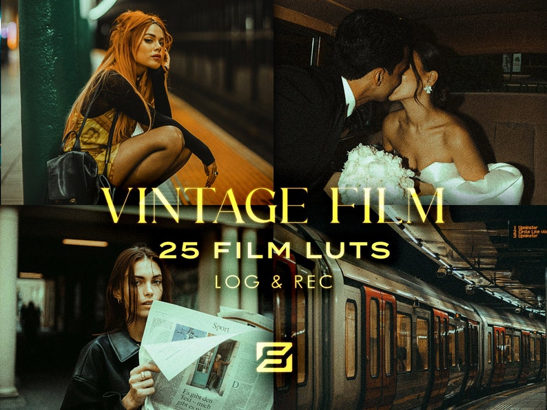 May include: A collection of 25 vintage film LUTs for photographers and videographers. The LUTs are designed to give your photos and videos a classic film look. The text "Vintage Film 25 Film LUTs Log & Rec" is displayed in a gold font on a black background.