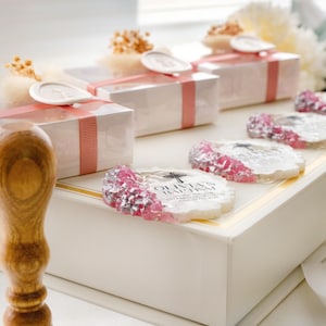 Epoxy resin first holy communion magnet favor featuring date and saint