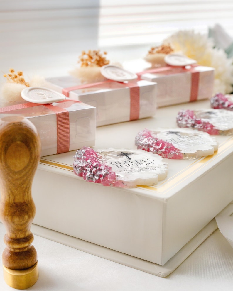 Epoxy resin first holy communion magnet favor featuring date and saint