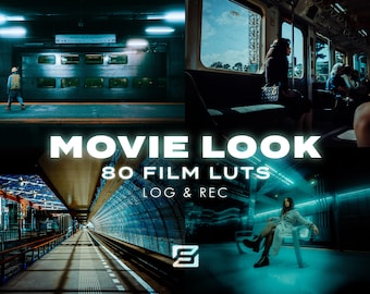 Puede incluir: Un collage de imágenes que muestran una variedad de estilos de películas. Las imágenes muestran a una persona caminando por una estación de metro, una persona sentada en un tren y una persona sentada en un banco en un entorno futurista. El texto "MOVIE LOOK 80 FILM LUTs LOG & REC" se muestra en el centro del collage.