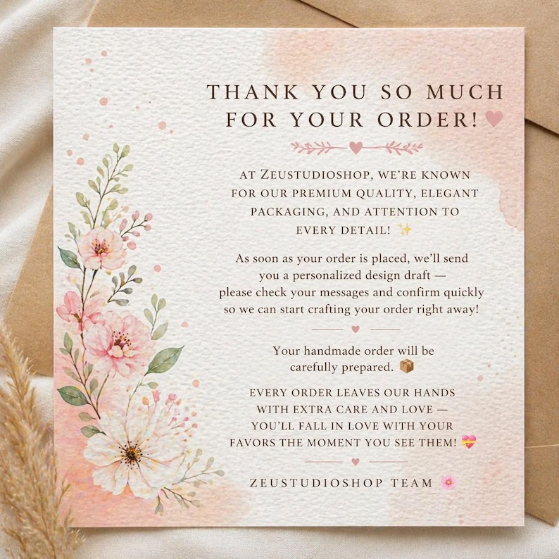May include: A thank you card with the text "THANK YOU SO MUCH FOR YOUR ORDER!" in a serif font. The card has a watercolor design with pink flowers and green leaves. The card is on a neutral background.