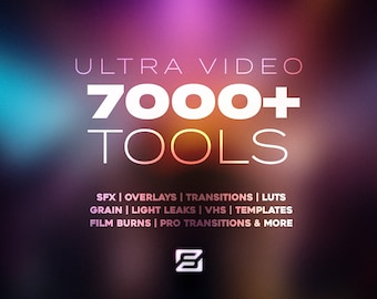 May include: A colorful, blurred background with the text "ULTRA VIDEO 7000+ TOOLS" in white. Below the text is a list of video effects, including SFX, overlays, transitions, LUTs, grain, light leaks, VHS, templates, film burns, and pro transitions.