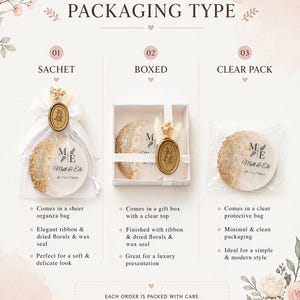 May include: Image showcasing three packaging options for favors. The options include a sachet, a boxed presentation, and a clear pack. Each package features a round favor with gold accents, personalized with names and a date. The text reads "PACKAGING TYPE".