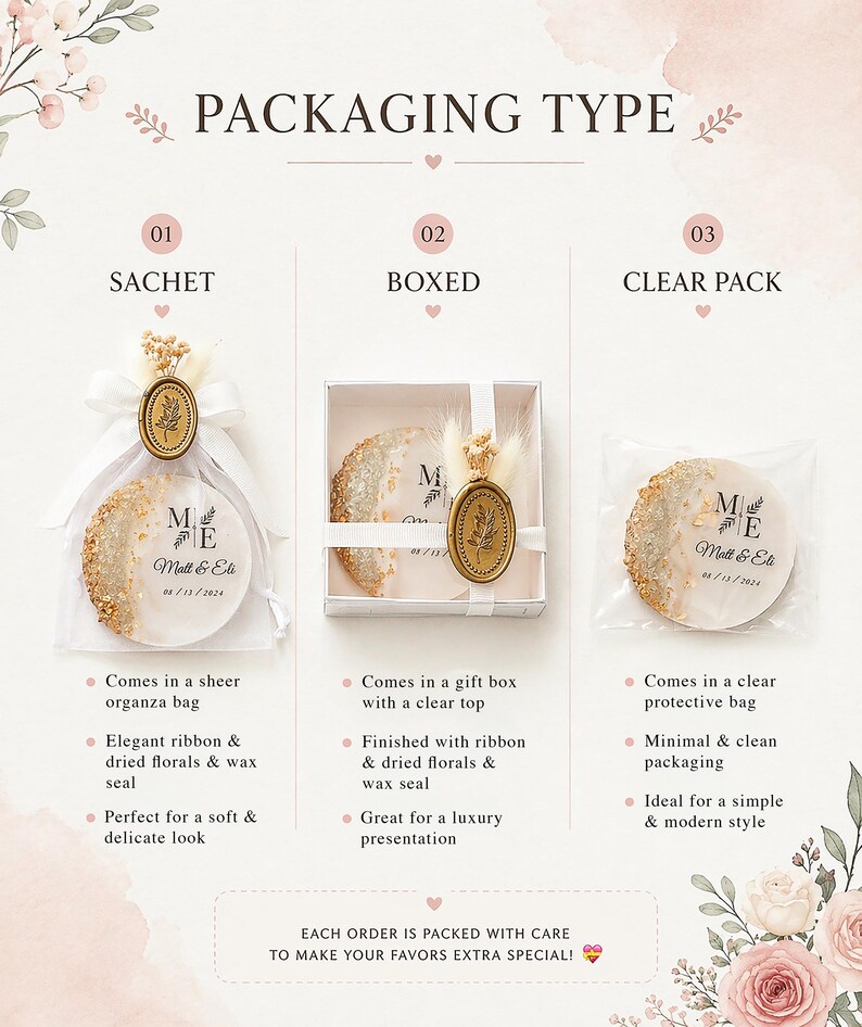 May include: Image showcasing three packaging options for favors. The options include a sachet, a boxed presentation, and a clear pack. Each package features a round favor with gold accents, personalized with names and a date. The text reads "PACKAGING TYPE".