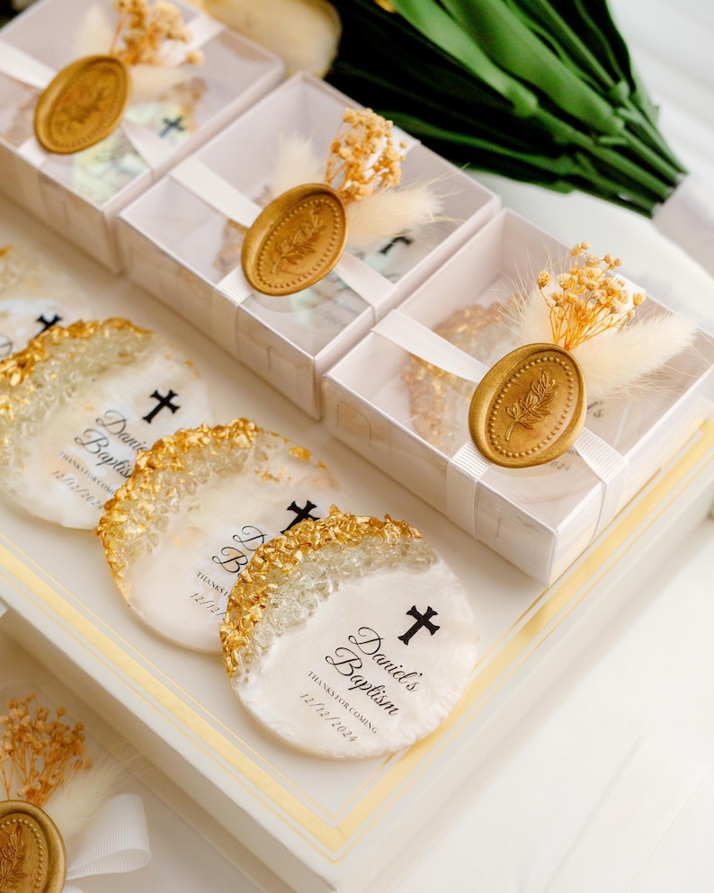 Personalized baptism epoxy magnet favor for christening guests