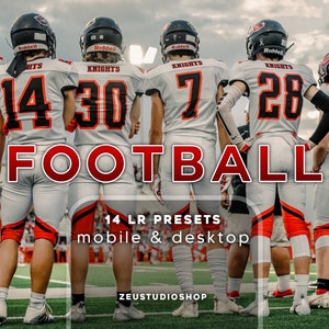 May include: A group of football players wearing white and red uniforms with black numbers. The players are standing in a huddle on a green field. The text "FOOTBALL" is written in large red letters across the middle of the image. The text "14 LR PRESETS mobile & desktop" is written in white letters on a black background below the players. The text "ZEUSTUDIOSHOP" is written in white letters on a black background below the text "14 LR PRESETS mobile & desktop".