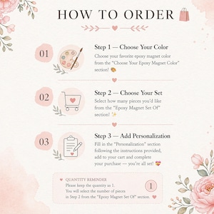 May include: A guide titled "HOW TO ORDER" with steps for purchasing epoxy magnets. The steps include choosing a color, selecting a set, and adding personalization. The image has a soft, floral design with pink and green accents.