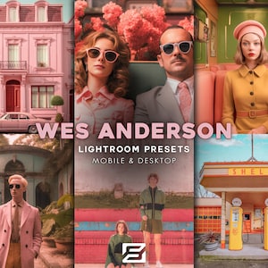 May include: A collage of images in a retro style with a pink, green, and yellow color scheme. The text "Wes Anderson Lightroom Presets Mobile & Desktop" is displayed in the center of the image.