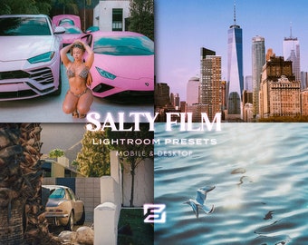 May include: A collage of four images featuring a woman in a bikini, a pink and a white sports car, a cityscape with skyscrapers, and a seagull flying over a body of water. The text "SALTY FILM LIGHTROOM PRESETS MOBILE & DESKTOP" is displayed in the center of the collage.