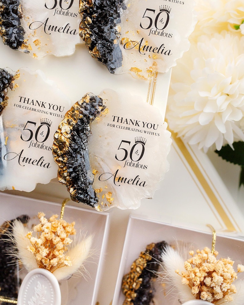 Elegant adult birthday favor with glossy epoxy finish and date
