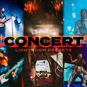 May include: A collage of images featuring concert scenes with musicians performing on stage. The text "CONCERT LIGHTROOM PRESETS MOBILE & DESKTOP" is displayed in the center of the image.