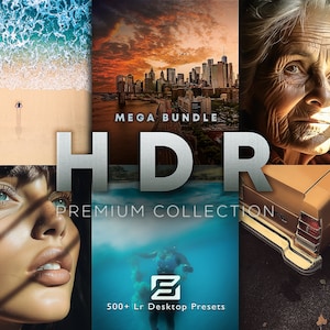 Könnte beinhalten: Eine Collage aus Bildern, die eine Sammlung von über 500 Lightroom-Presets für die Erstellung von HDR-Effekten zeigt. Die Bilder umfassen eine Strandszene, eine Skyline bei Sonnenuntergang, eine Nahaufnahme eines Frauen Gesichts und ein Oldtimer.