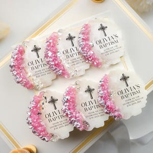 Personalized baptism epoxy magnet favor with cross design and name