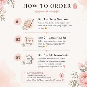 May include: A guide titled "HOW TO ORDER" with steps for purchasing epoxy magnets. The steps include choosing a color, selecting a set, and adding personalization. The image has a soft, floral design with pink and green accents.